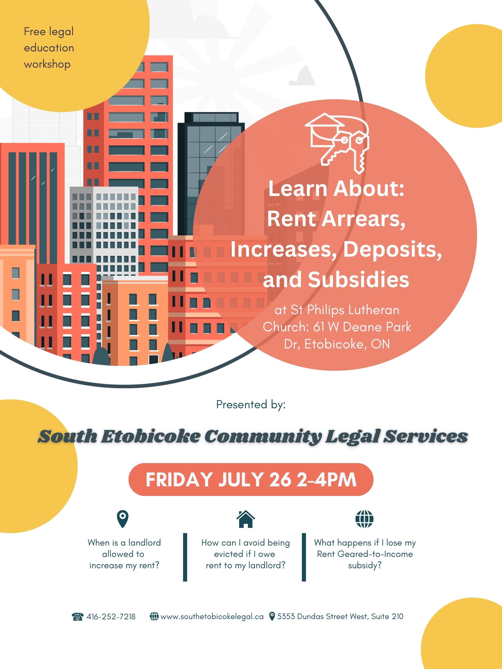 Public Legal Education Event poster with picture of apartment buildings and the event location.